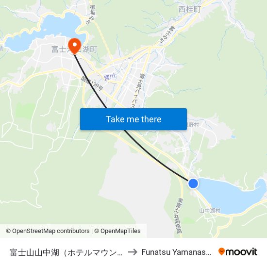 富士山山中湖（ホテルマウント富士入口 to Funatsu Yamanashi Japan map