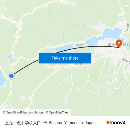 上九一色中学校入口 to Funatsu Yamanashi Japan map