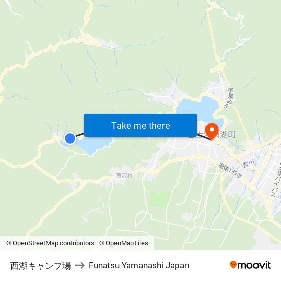 西湖キャンプ場 to Funatsu Yamanashi Japan map