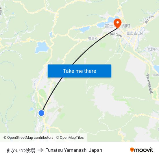 まかいの牧場 to Funatsu Yamanashi Japan map