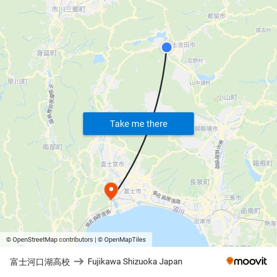 富士河口湖高校 to Fujikawa Shizuoka Japan map