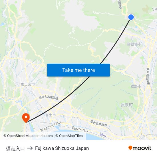 須走入口 to Fujikawa Shizuoka Japan map