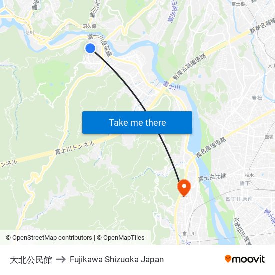 大北公民館 to Fujikawa Shizuoka Japan map