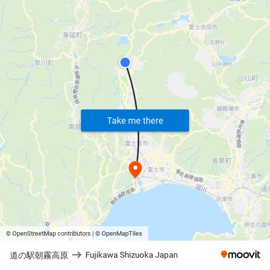 道の駅朝霧高原 to Fujikawa Shizuoka Japan map