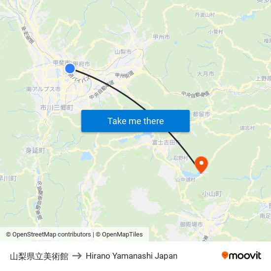 山梨県立美術館 to Hirano Yamanashi Japan map