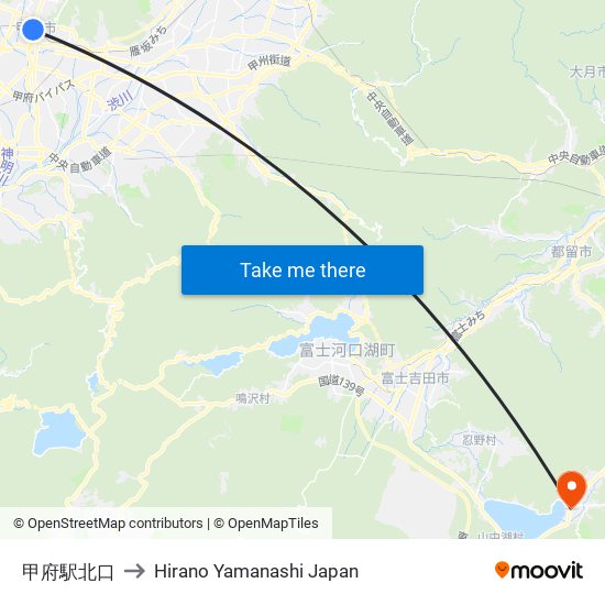 甲府駅北口 to Hirano Yamanashi Japan map