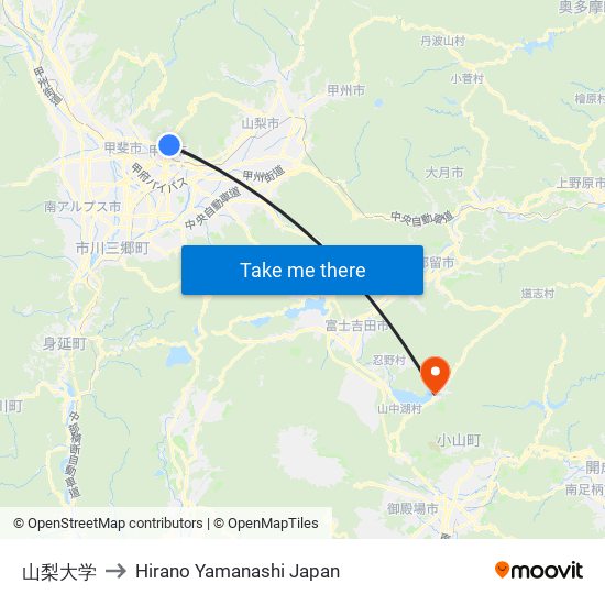 山梨大学 to Hirano Yamanashi Japan map