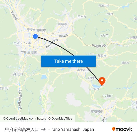 甲府昭和高校入口 to Hirano Yamanashi Japan map