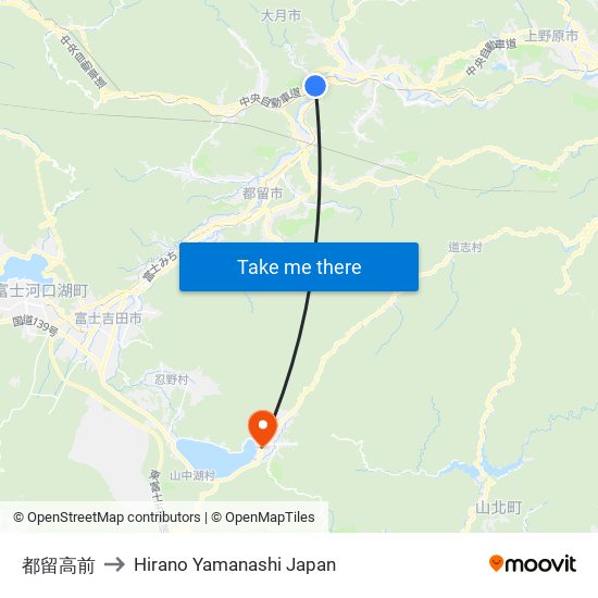 都留高前 to Hirano Yamanashi Japan map