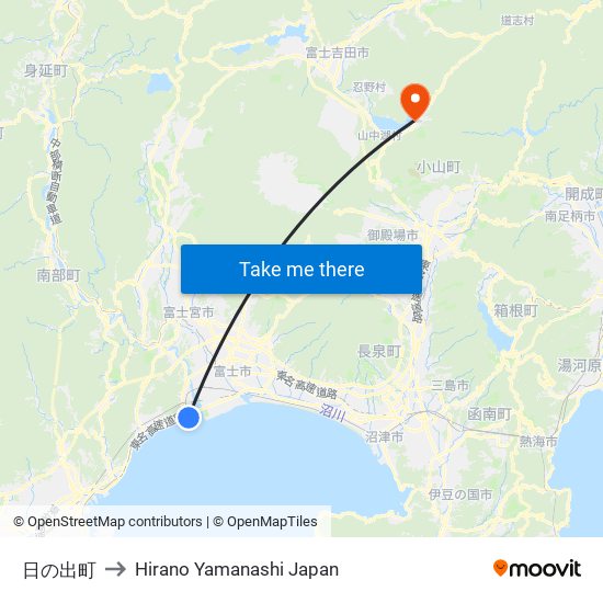 日の出町 to Hirano Yamanashi Japan map