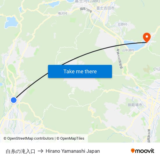 白糸の滝入口 to Hirano Yamanashi Japan map