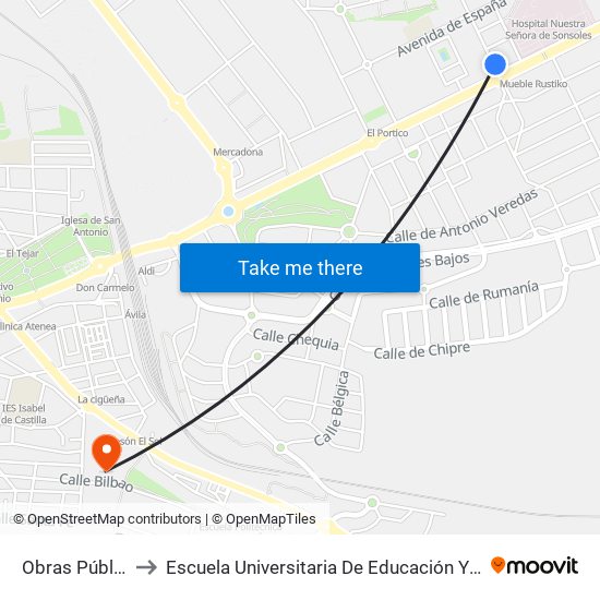 Obras Públicas to Escuela Universitaria De Educación Y Turismo map