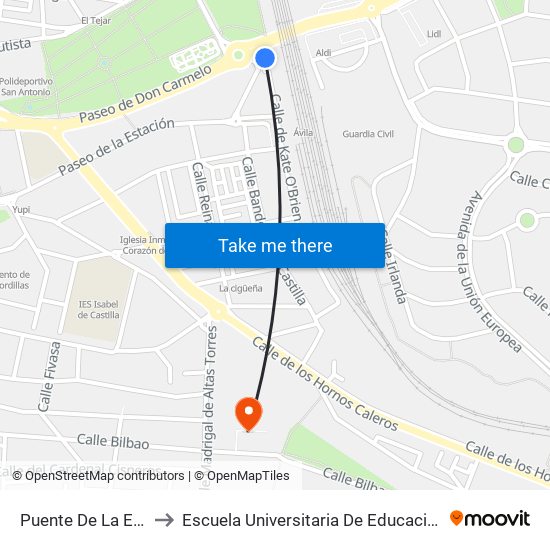 Puente De La Estación to Escuela Universitaria De Educación Y Turismo map