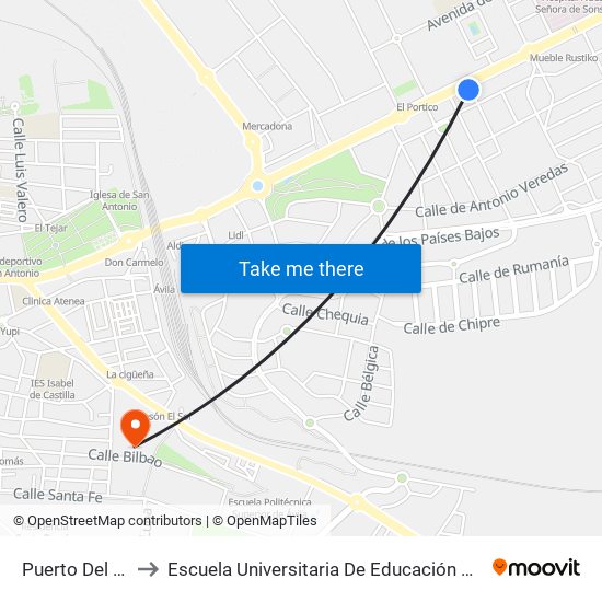 Puerto Del Pico to Escuela Universitaria De Educación Y Turismo map