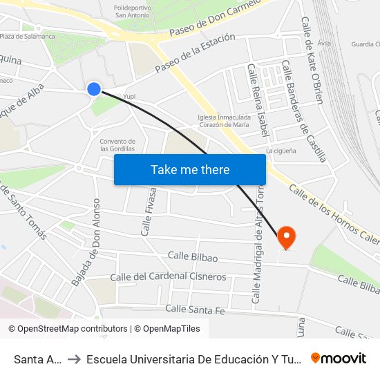 Santa Ana to Escuela Universitaria De Educación Y Turismo map