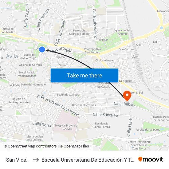 San Vicente to Escuela Universitaria De Educación Y Turismo map