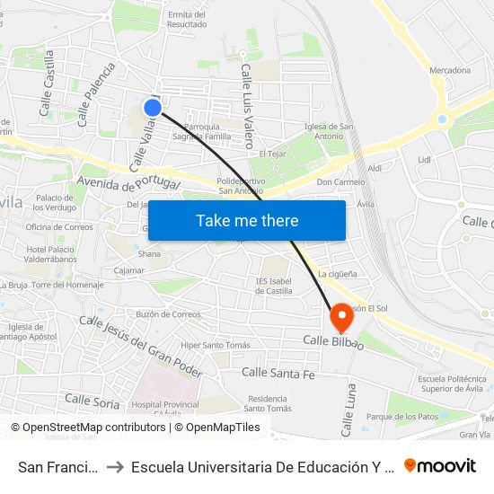 San Francisco to Escuela Universitaria De Educación Y Turismo map