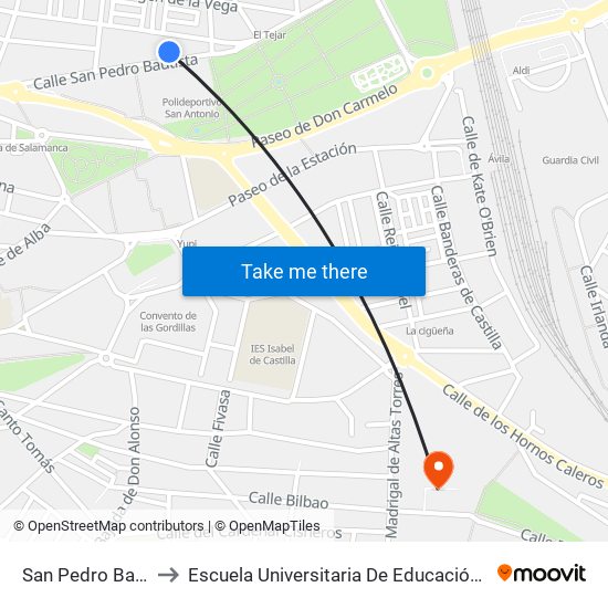 San Pedro Bautista to Escuela Universitaria De Educación Y Turismo map