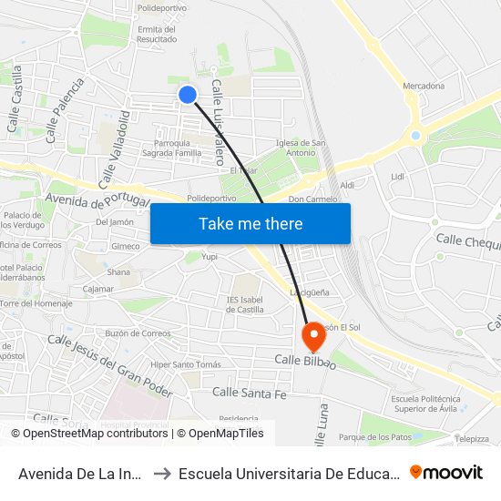 Avenida De La Inmaculada to Escuela Universitaria De Educación Y Turismo map