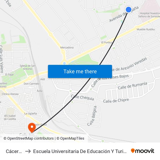 Cáceres to Escuela Universitaria De Educación Y Turismo map