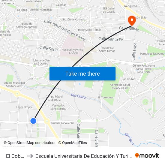 El Cobijo to Escuela Universitaria De Educación Y Turismo map