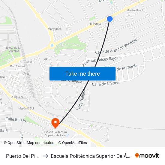 Puerto Del Pico to Escuela Politécnica Superior De Ávila map