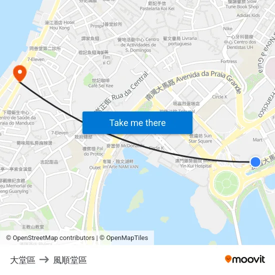 大堂區 to 風順堂區 map