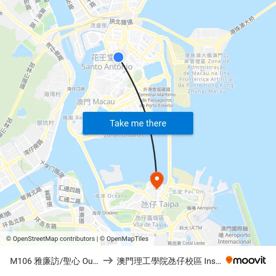 M106 雅廉訪/聖心 Ouvidor Arriaga/ Esc. S. C. Jesus to 澳門理工學院氹仔校區 Instituto Politécnico De Macau (Taipa) map