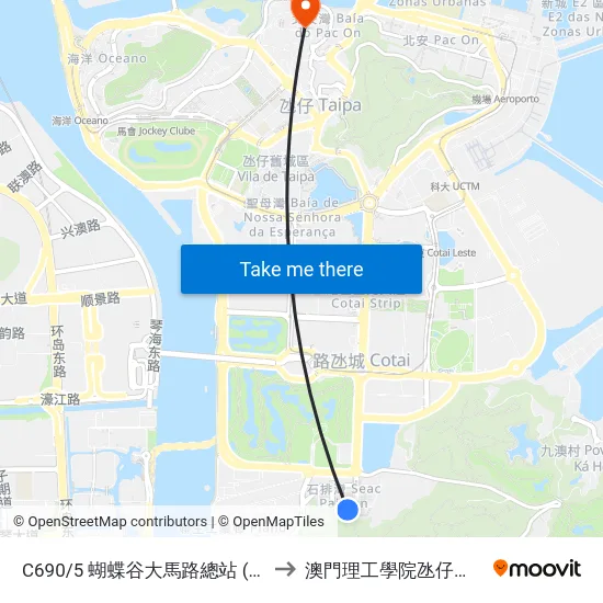 C690/5 蝴蝶谷大馬路總站 (B車道) Av. Vale Das Borboletas / Terminal (Via / Lane B) to 澳門理工學院氹仔校區 Instituto Politécnico De Macau (Taipa) map
