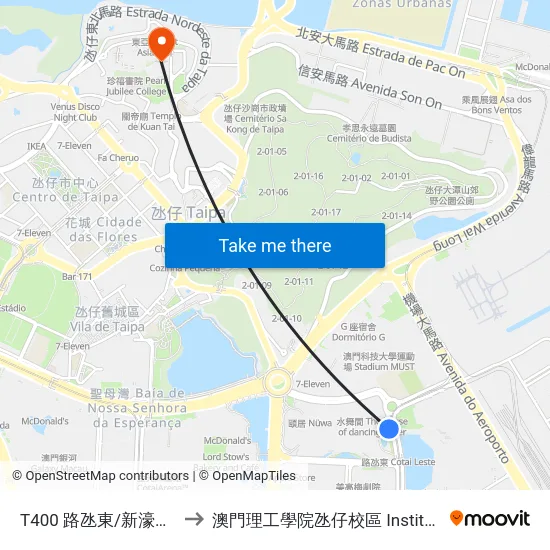 T400 路氹東/新濠天地 Cotai Leste/ C.O.D. to 澳門理工學院氹仔校區 Instituto Politécnico De Macau (Taipa) map