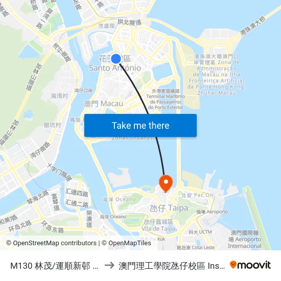 M130 林茂/運順新邨 Lam Mau / Van Sion Son Chun to 澳門理工學院氹仔校區 Instituto Politécnico De Macau (Taipa) map