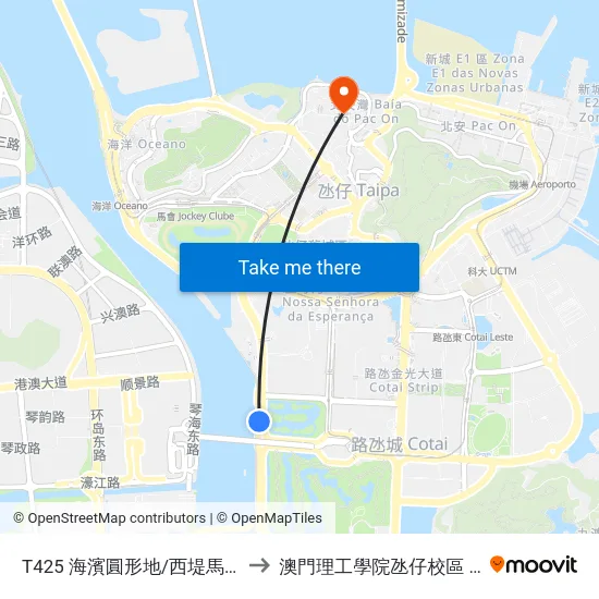 T425 海濱圓形地/西堤馬路 Rotunda Marginal/ Est. Do Dique Oeste to 澳門理工學院氹仔校區 Instituto Politécnico De Macau (Taipa) map