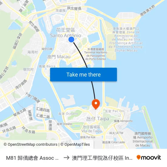 M81 歸僑總會 Assoc Geral Dos Chineses Ultramarinos to 澳門理工學院氹仔校區 Instituto Politécnico De Macau (Taipa) map