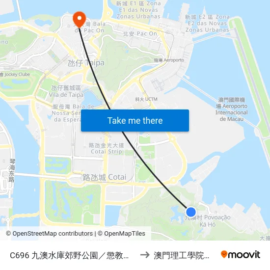 C696 九澳水庫郊野公園／懲教管理局-2 Parque De M. Da Barragem De Ká-Hó / Dsc-2, Ka-Ho Reservoir Country Park / Dsc-2 to 澳門理工學院氹仔校區 Instituto Politécnico De Macau (Taipa) map