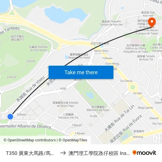 T350 廣東大馬路/馬會 Av.Kwong Tung/ Jockey Club to 澳門理工學院氹仔校區 Instituto Politécnico De Macau (Taipa) map