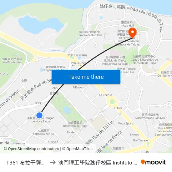 T351 布拉干薩街 Rua Bragança to 澳門理工學院氹仔校區 Instituto Politécnico De Macau (Taipa) map