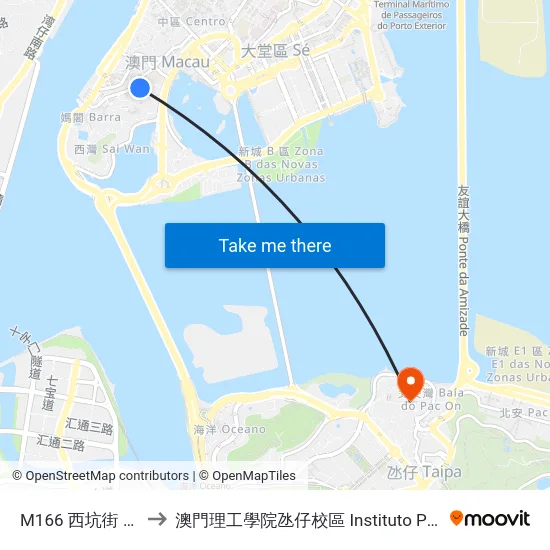 M166 西坑街 Rua Da Penha to 澳門理工學院氹仔校區 Instituto Politécnico De Macau (Taipa) map