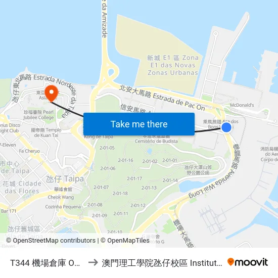 T344 機場倉庫 Oficinas Do Aeroporto to 澳門理工學院氹仔校區 Instituto Politécnico De Macau (Taipa) map