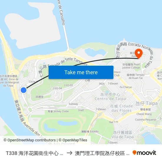 T338 海洋花園衛生中心 Centro De Saúde Dos Jardins Do Oceano to 澳門理工學院氹仔校區 Instituto Politécnico De Macau (Taipa) map