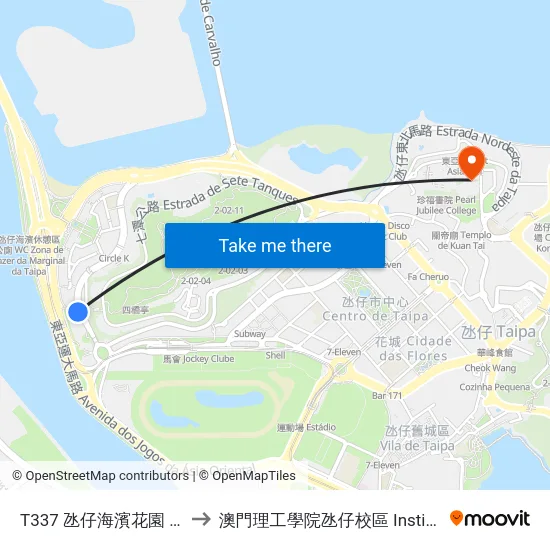 T337 氹仔海濱花園 Edifício Jardim Beira-Mar to 澳門理工學院氹仔校區 Instituto Politécnico De Macau (Taipa) map