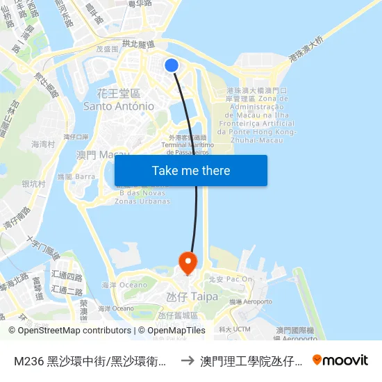 M236 黑沙環中街/黑沙環衛生中心 R. Central Da Areia Preta / Centro De Saúde Da Areia Preta to 澳門理工學院氹仔校區 Instituto Politécnico De Macau (Taipa) map