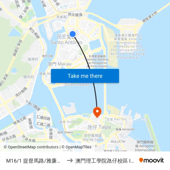 M16/1 提督馬路/雅廉訪 Av. Alm. Lacerda/ Ouvidor Arriaga to 澳門理工學院氹仔校區 Instituto Politécnico De Macau (Taipa) map