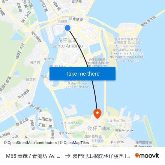 M65 青茂 / 青洲坊 Av. Do. Comendador Ho Yin / Qingmao to 澳門理工學院氹仔校區 Instituto Politécnico De Macau (Taipa) map
