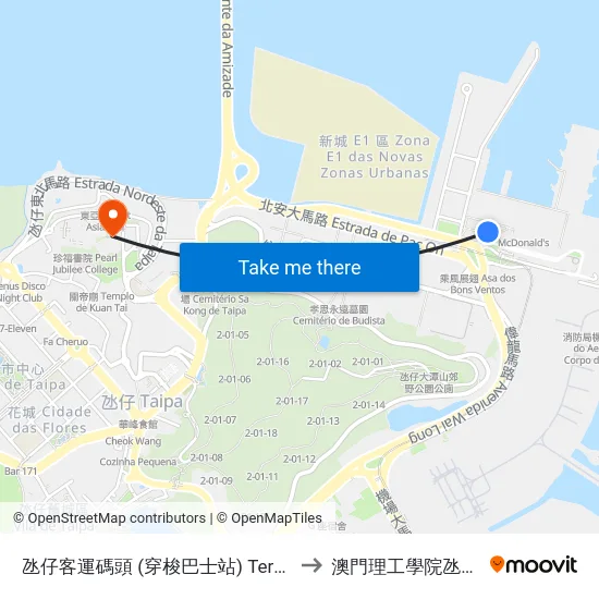 氹仔客運碼頭 (穿梭巴士站) Terminal Marítimo De Passageiros Da Taipa (Taipa Ferry Terminal Shuttle Bus Stop) to 澳門理工學院氹仔校區 Instituto Politécnico De Macau (Taipa) map