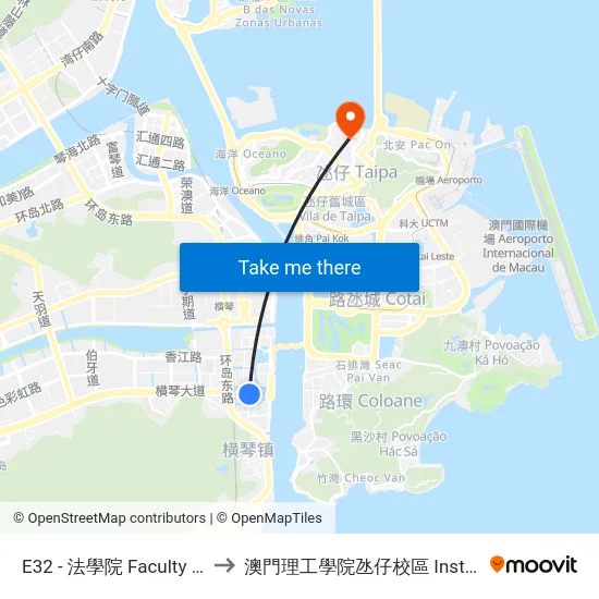 E32 - 法學院 Faculty Of Law  Faculdade De Direit to 澳門理工學院氹仔校區 Instituto Politécnico De Macau (Taipa) map