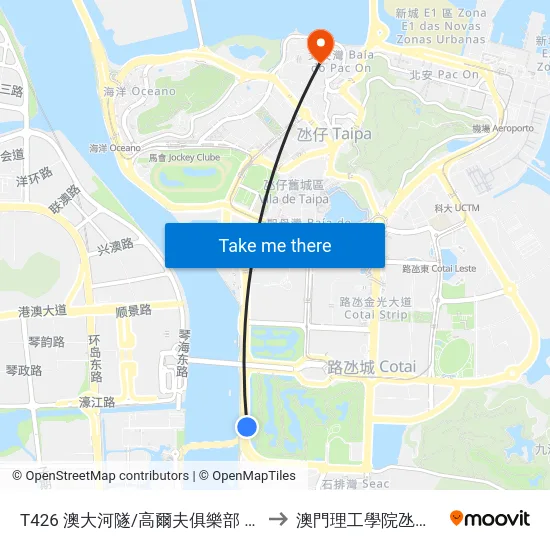 T426 澳大河隧/高爾夫俱樂部  Túnel Da Universidade De Macau / Est. Do Dique Oeste / Clube De Golfe to 澳門理工學院氹仔校區 Instituto Politécnico De Macau (Taipa) map