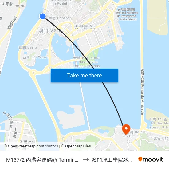 M137/2 內港客運碼頭 Terminal Marítimo De Passageiros Do Porto Interior, Inner Harbour Ferry Terminal to 澳門理工學院氹仔校區 Instituto Politécnico De Macau (Taipa) map