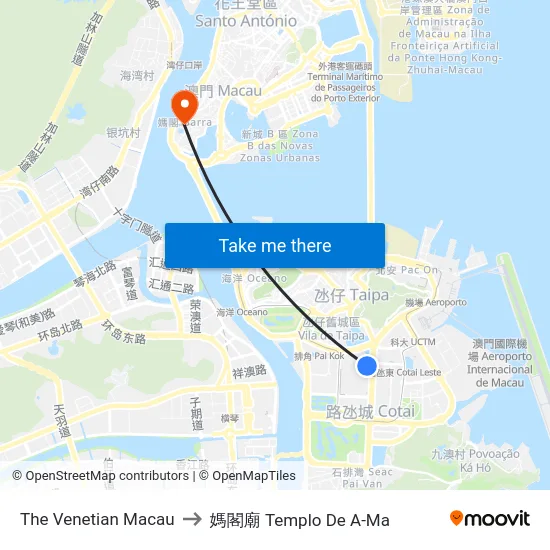 The Venetian Macau to 媽閣廟 Templo De A-Ma map