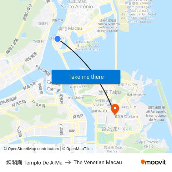 媽閣廟 Templo De A-Ma to The Venetian Macau map