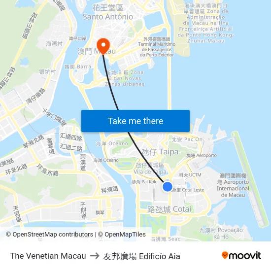 The Venetian Macau to 友邦廣場 Edificío Aia map